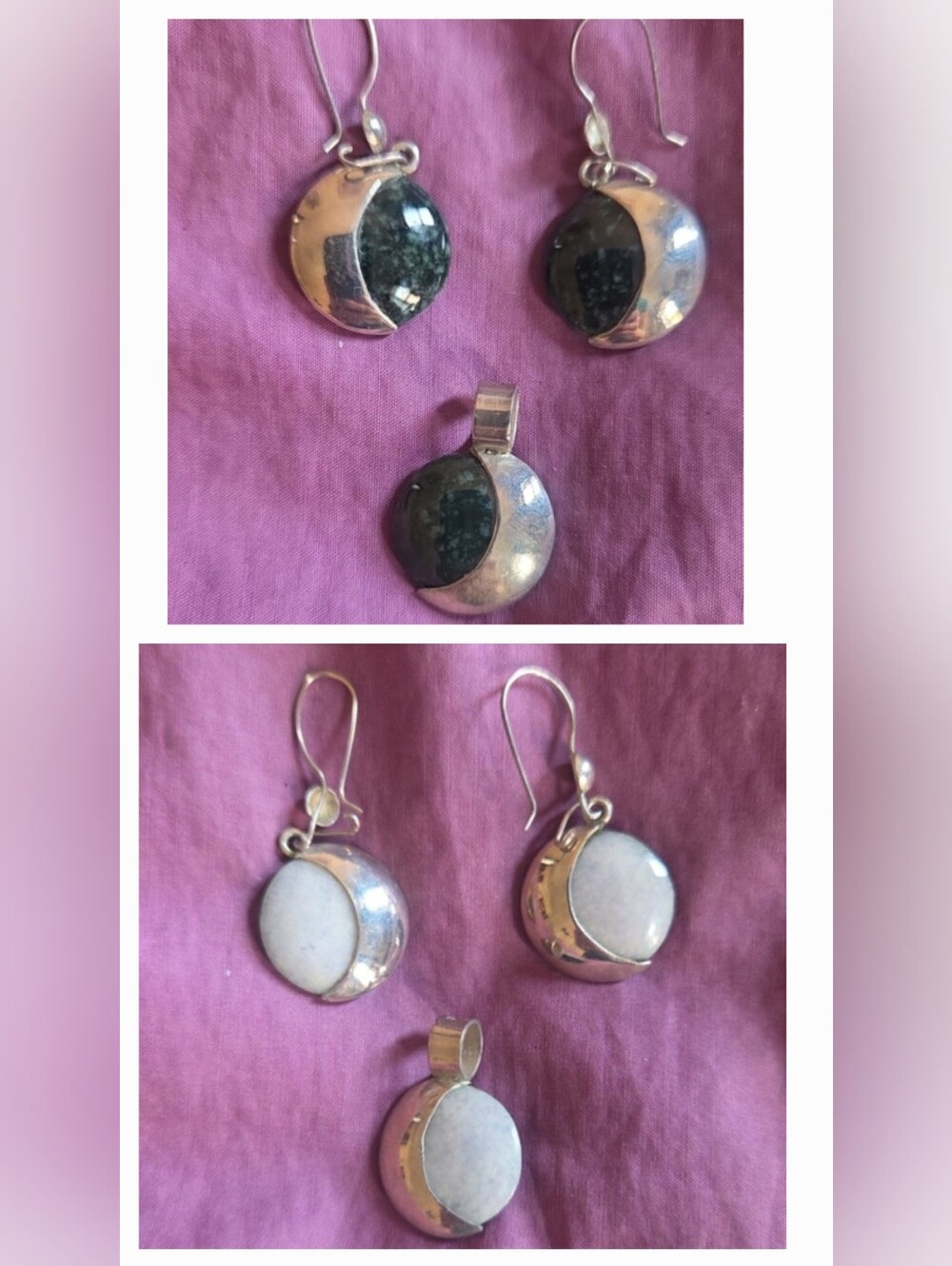 Reversable Silver Dark Green & Lavender Guatemalan Jade Earrings & Pendant Set